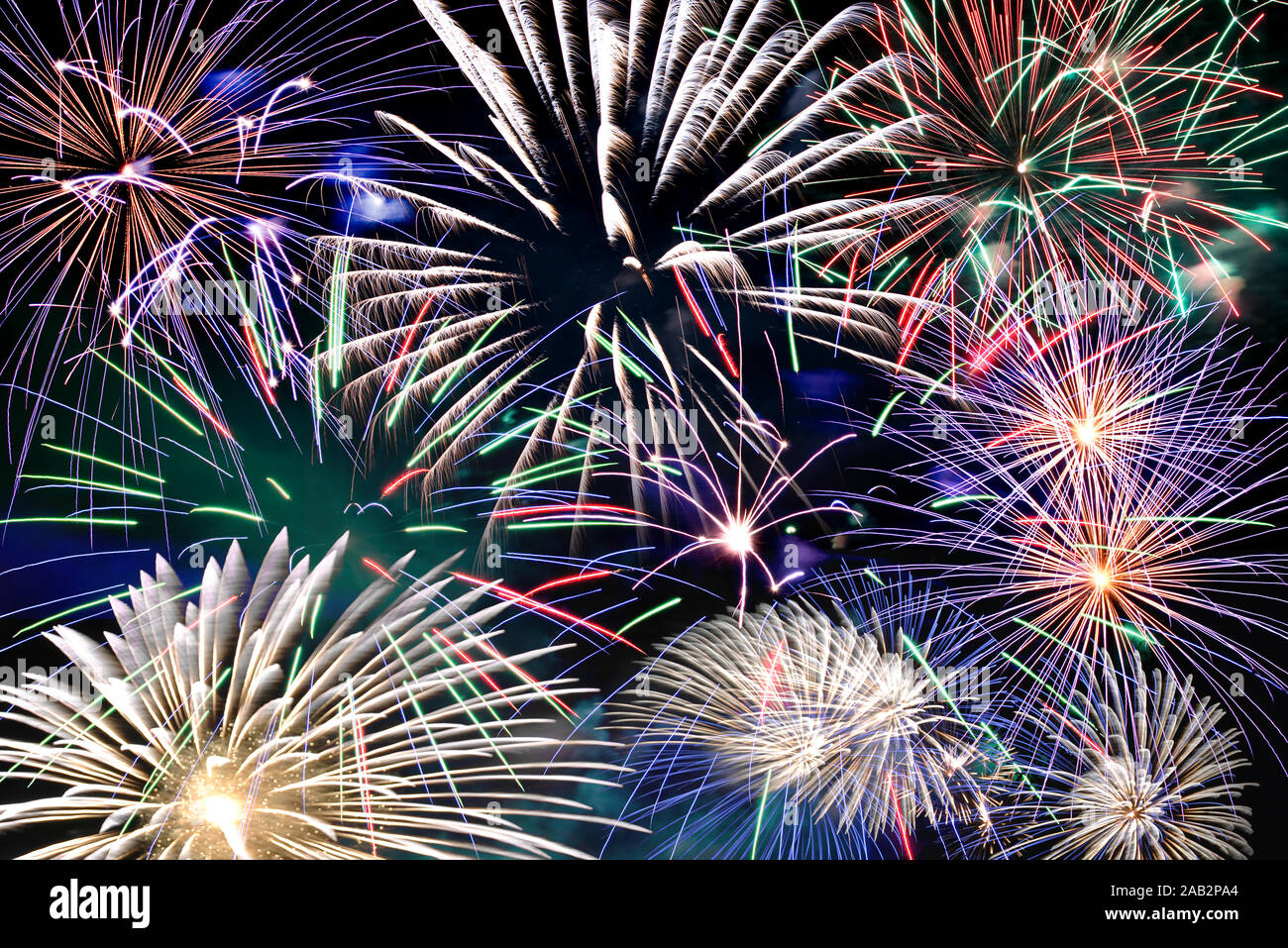 Colorful fireworks background, party concept Stock Photo