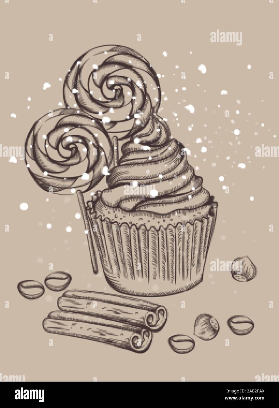 Cupcake with lollipops covered in snow. Cinnamon sticks, walnut and coffee beans on foreground. Christmas holiday sketch style vector Stock Vector