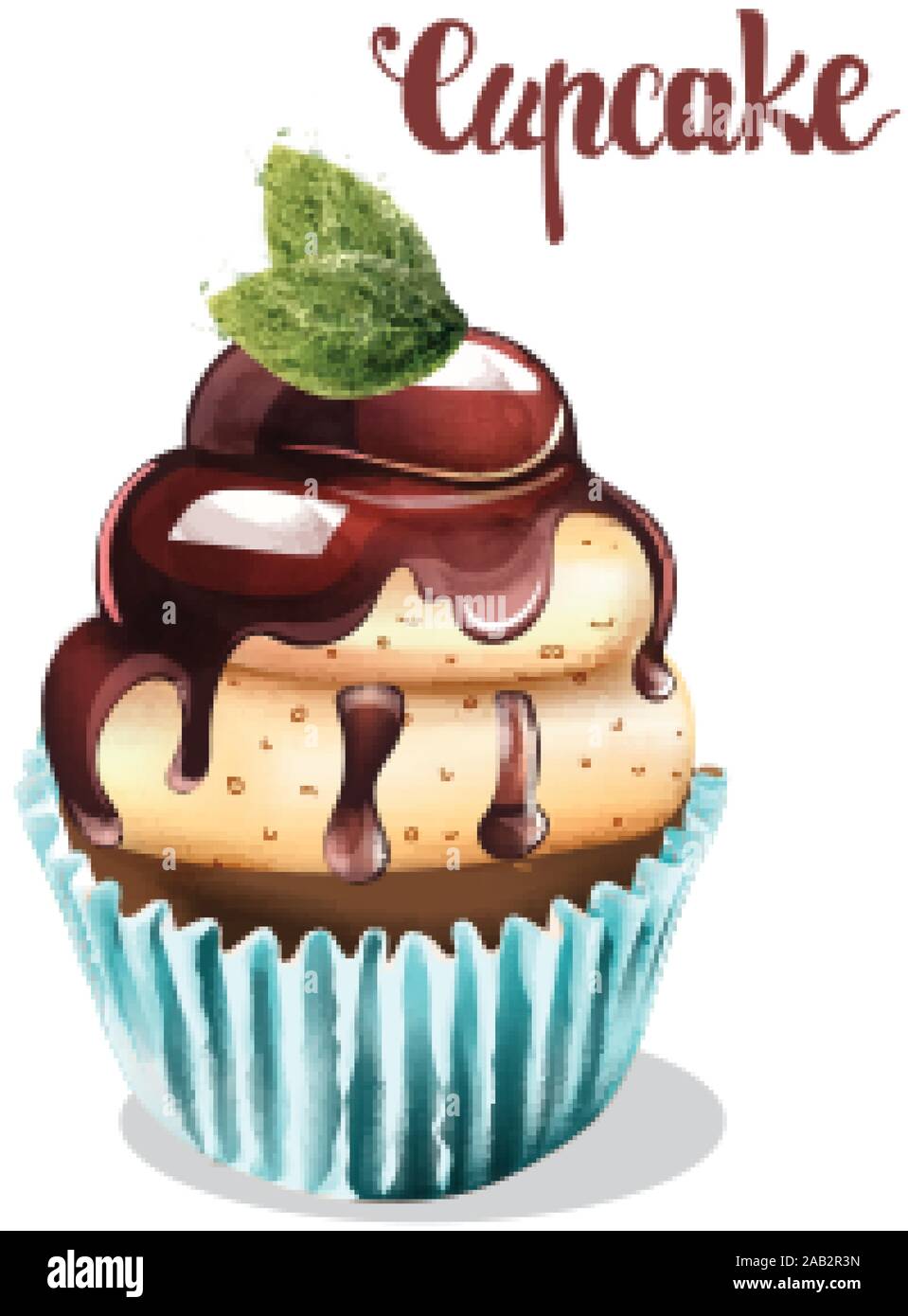 Cupcake with peppermint and chocolate glaze in blue cup. Desser vector Stock Vector