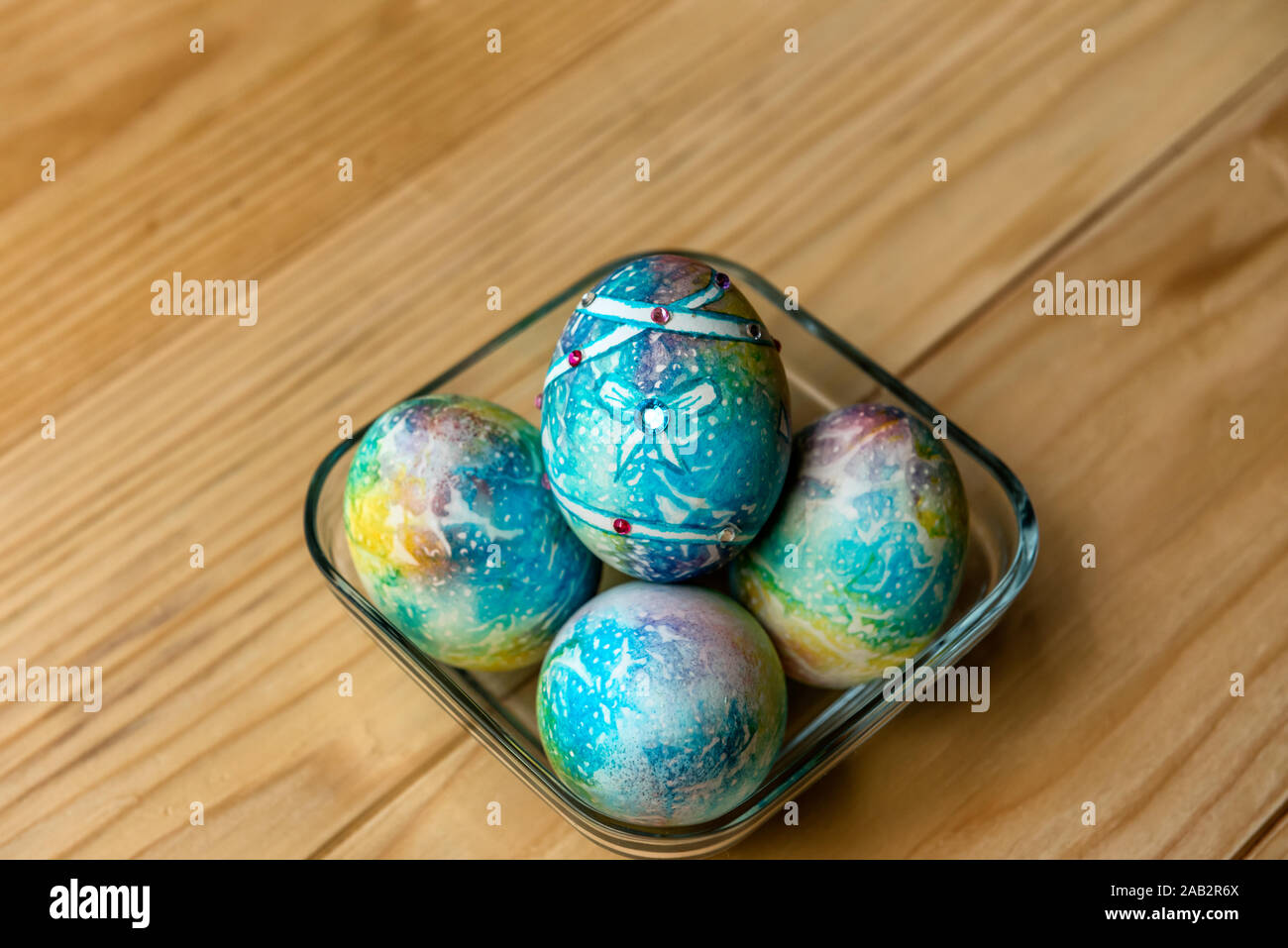 Easter Decoration Blue Colorful Painted Eggs With Gemstones In