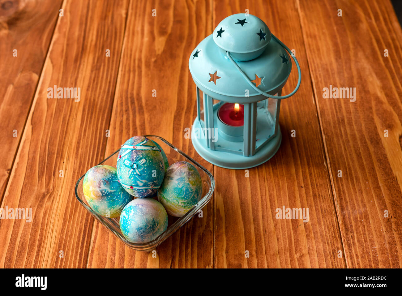 Easter Decoration Blue Colorful Painted Eggs With Gemstones In