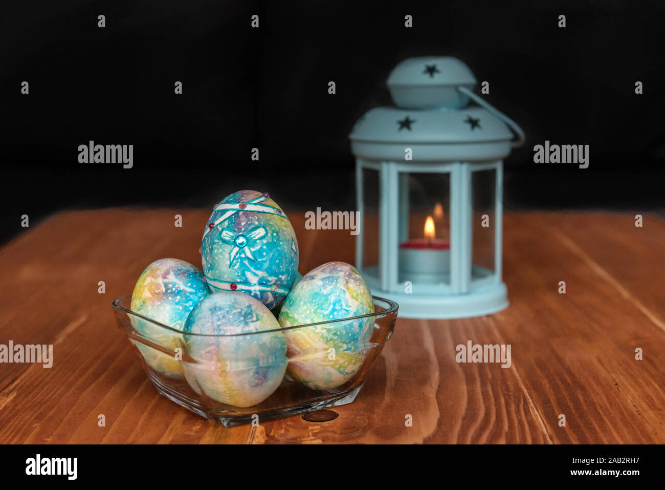 Easter Decoration Blue Colorful Painted Eggs With Gemstones In