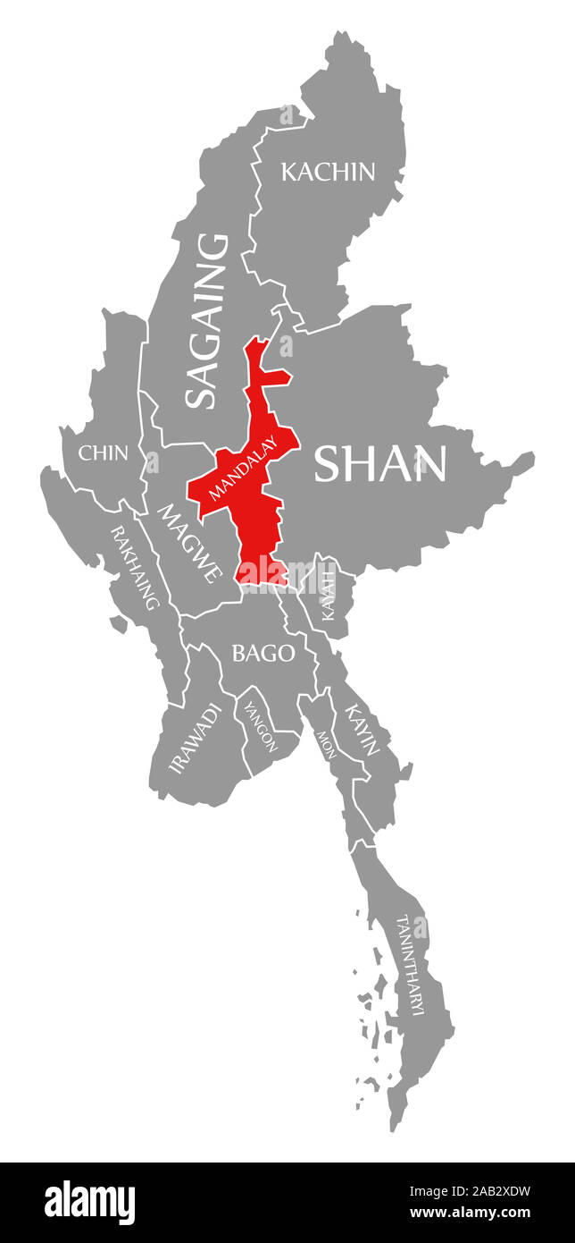 Mandalay red highlighted in map of Myanmar Stock Photo