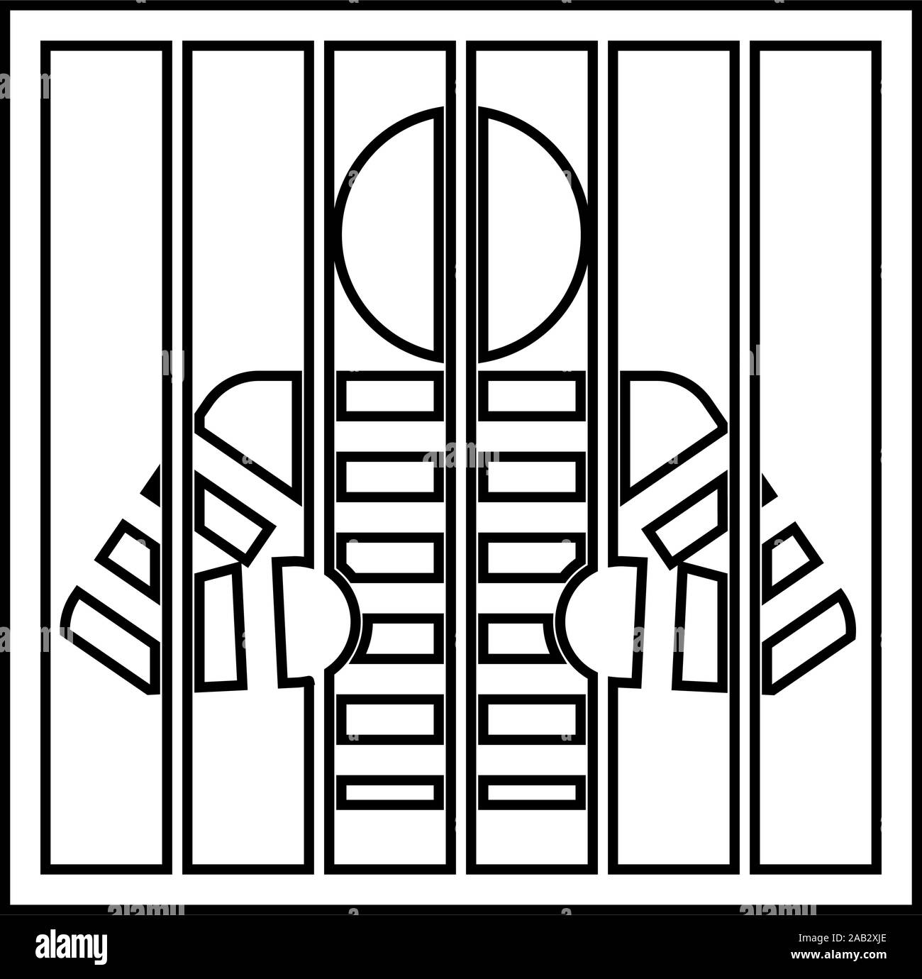 Prisoner behind bars holds rods with his hands Angry man watch through lattice in jail Incarceration concept icon outline black color vector Stock Vector