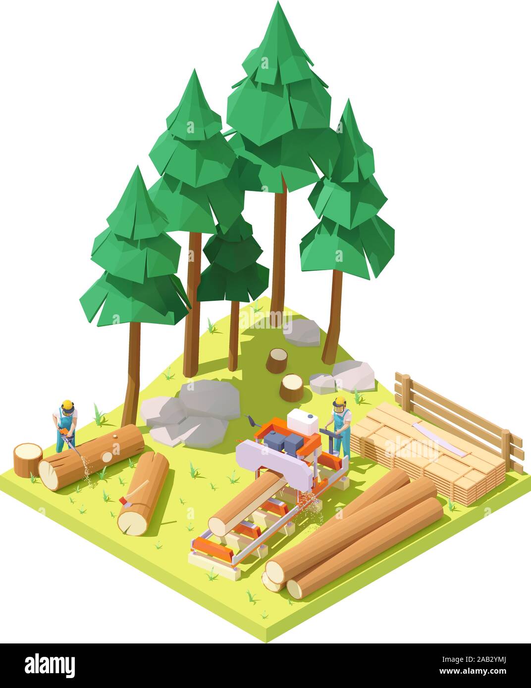 Vector isometric portable sawmill in forest Stock Vector