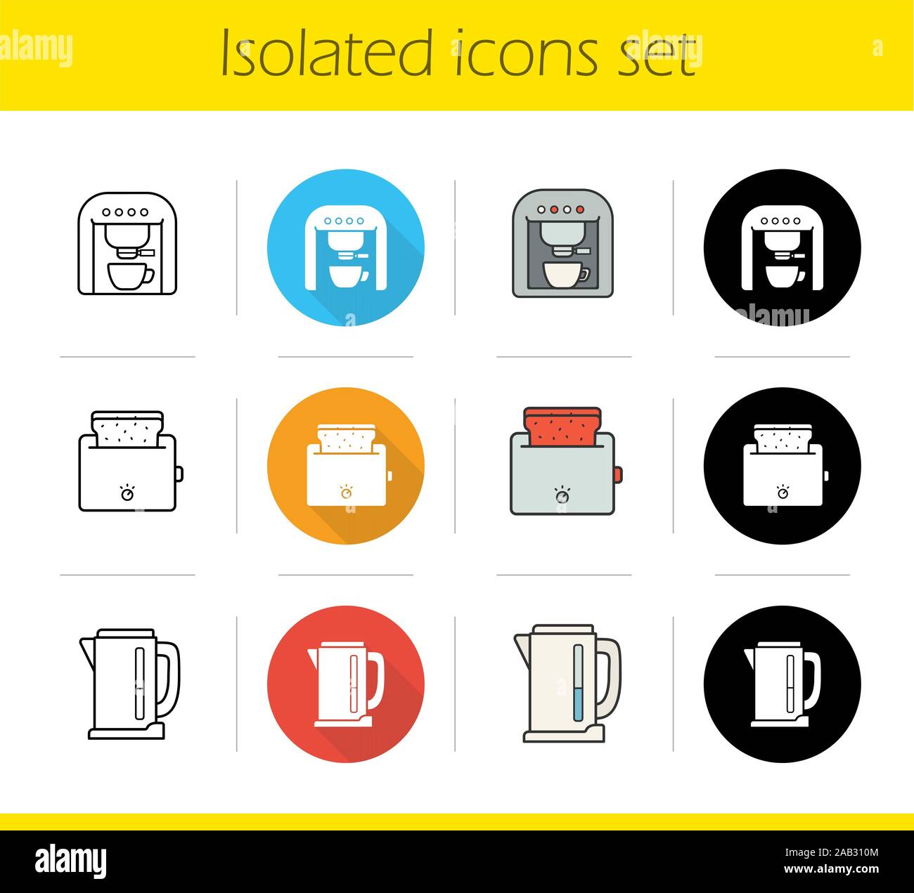 Kitchen electronics icons set. Flat design, linear, black and color styles. Kitchen appliances. Espresso coffee machine, toaster with toasted bread, e Stock Vector