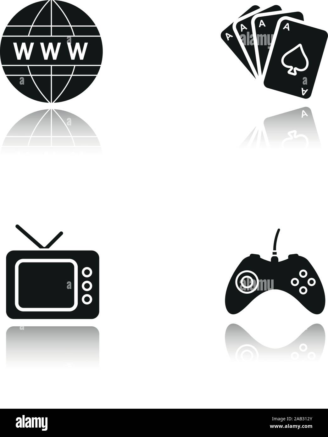 Addictions drop shadow black icons set. Game console joystick, www network symbol, playing cards deck, retro tv-set. Gambling, internet, gaming and tv Stock Vector