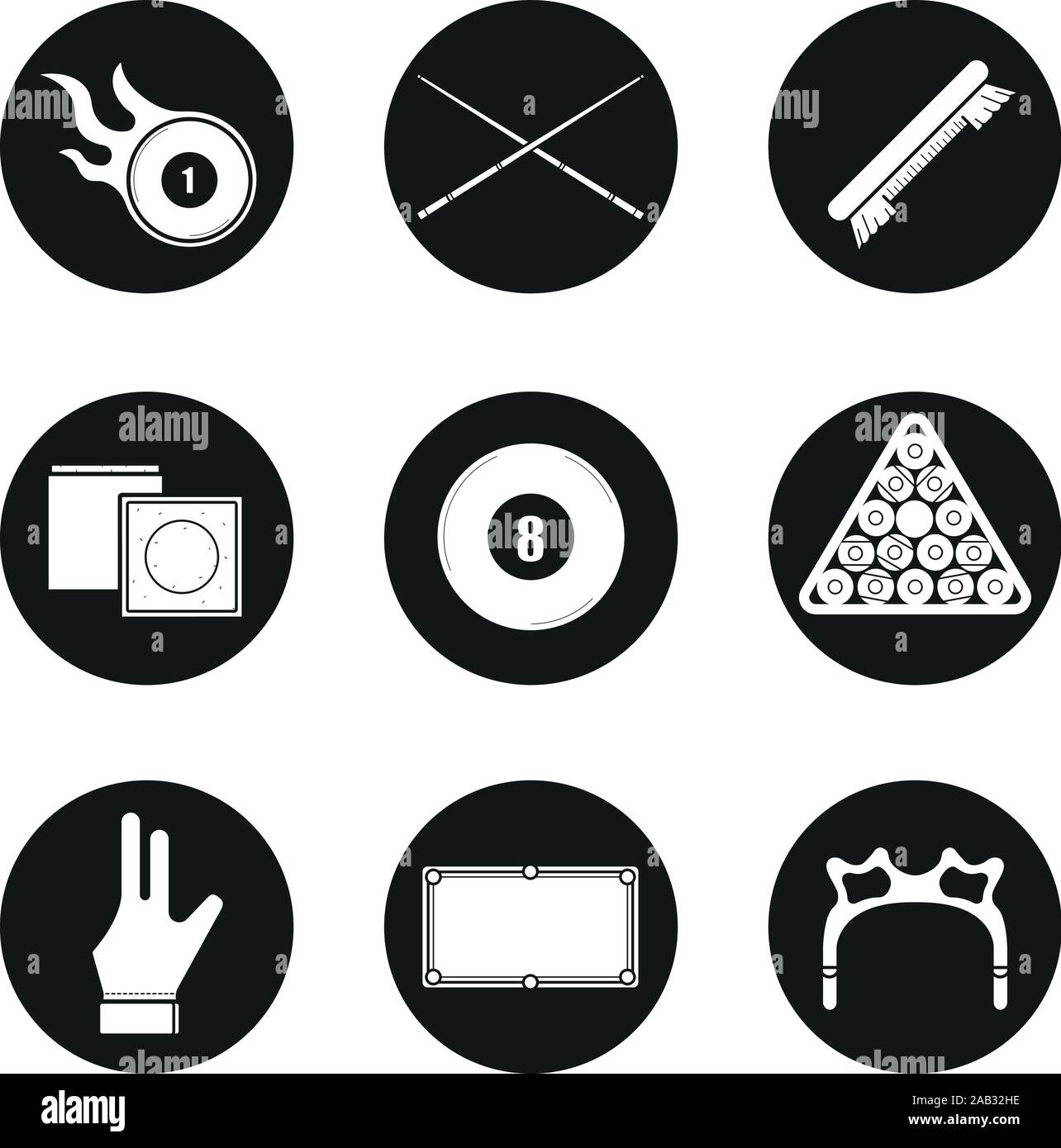 Billiard icons set. Burning ball, crossed cues, brush, chalk, eight ...