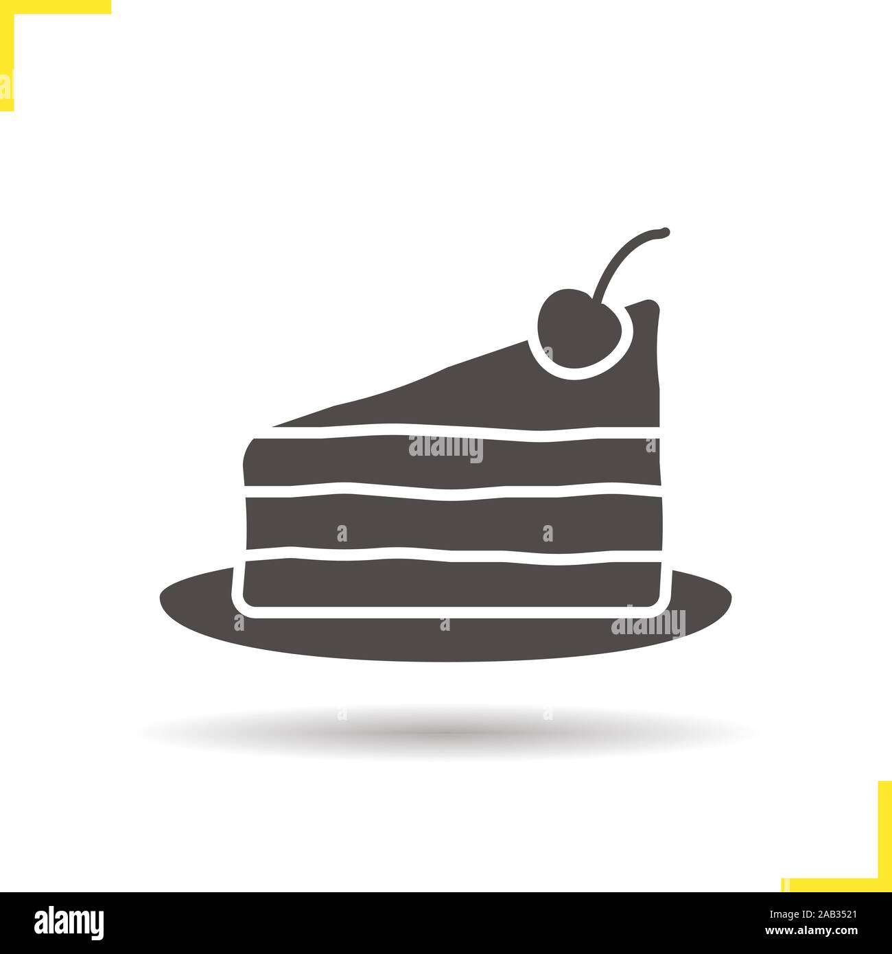 Cake on plate with cherry icon. Drop shadow silhouette symbol. Negative ...