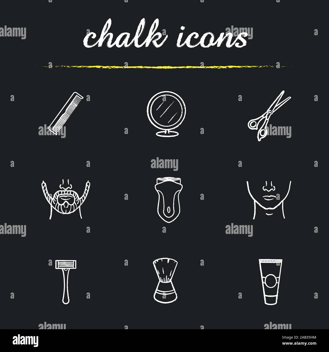 Barber shop icons set. Comb, round mirror, scissors, beard, electric