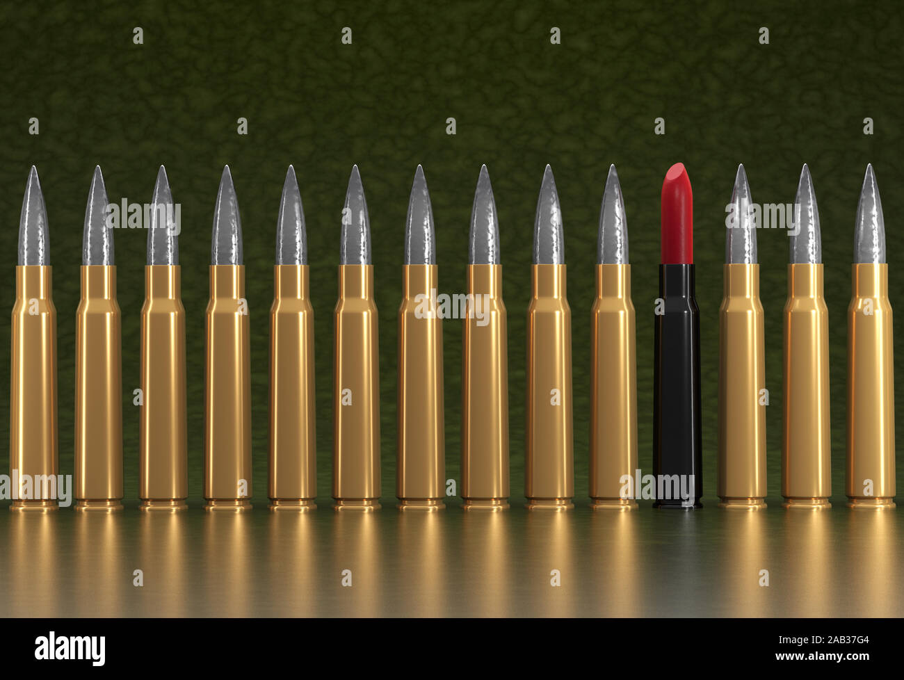 Lipstick stylized as a rifle bullet in a row among other bullets. Pacifist and disarming concept. Render. Stock Photo
