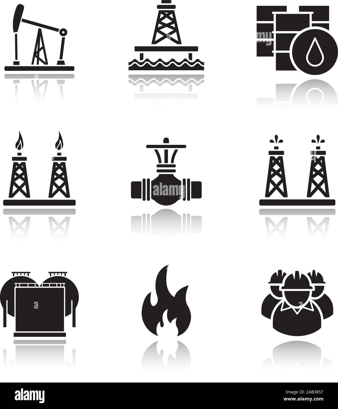 Oil industry drop shadow black icons set. Oil pump jack, barrels, gas pipe valve, gas and fuel production platforms, oil reservoir, flammable sign, in Stock Vector
