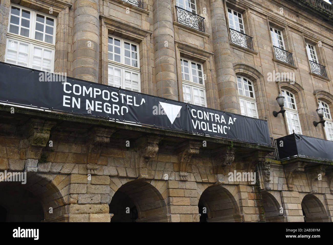 A banner with a message against gender violence seen on Santiago de Compostela, northwest of Spain.International Day for the Elimination of Violence Against Women is celebrated on the 25th Nov. Stock Photo