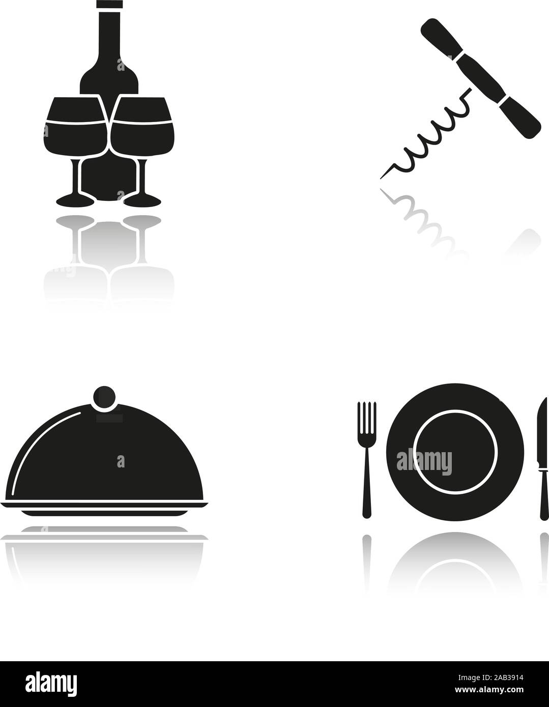 Restaurant items drop shadow black icons set. Wine bottle and glasses,  corkscrew, covered dish, fork, plate and table knife. Isolated vector  illustrat Stock Vector Image & Art - Alamy