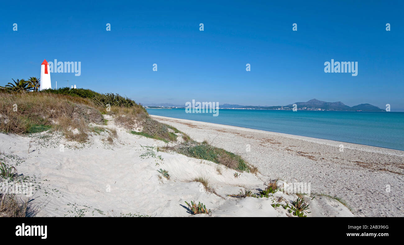 Torres d´enfilaciò, navigation tower the beach of Can Picafort, bay of Alcudia, Mallorca, Balearic islands, Spain Stock Photo