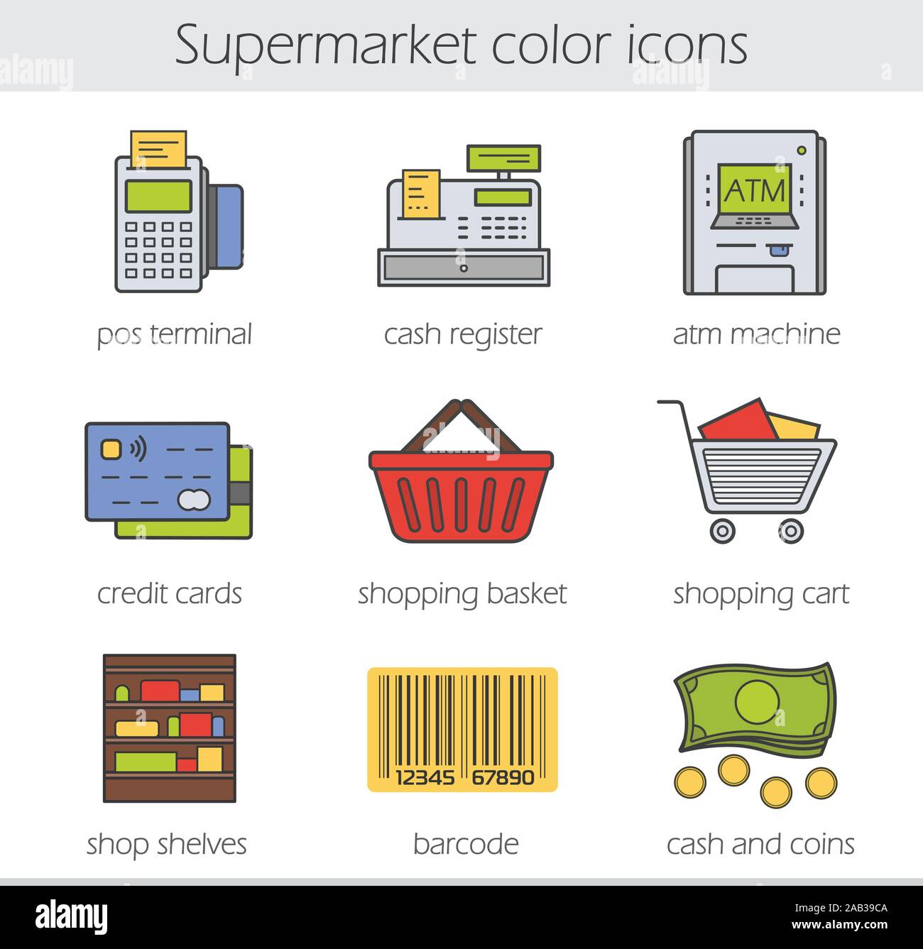 Supermarket color icons set. Pos terminal, cash register, atm machine