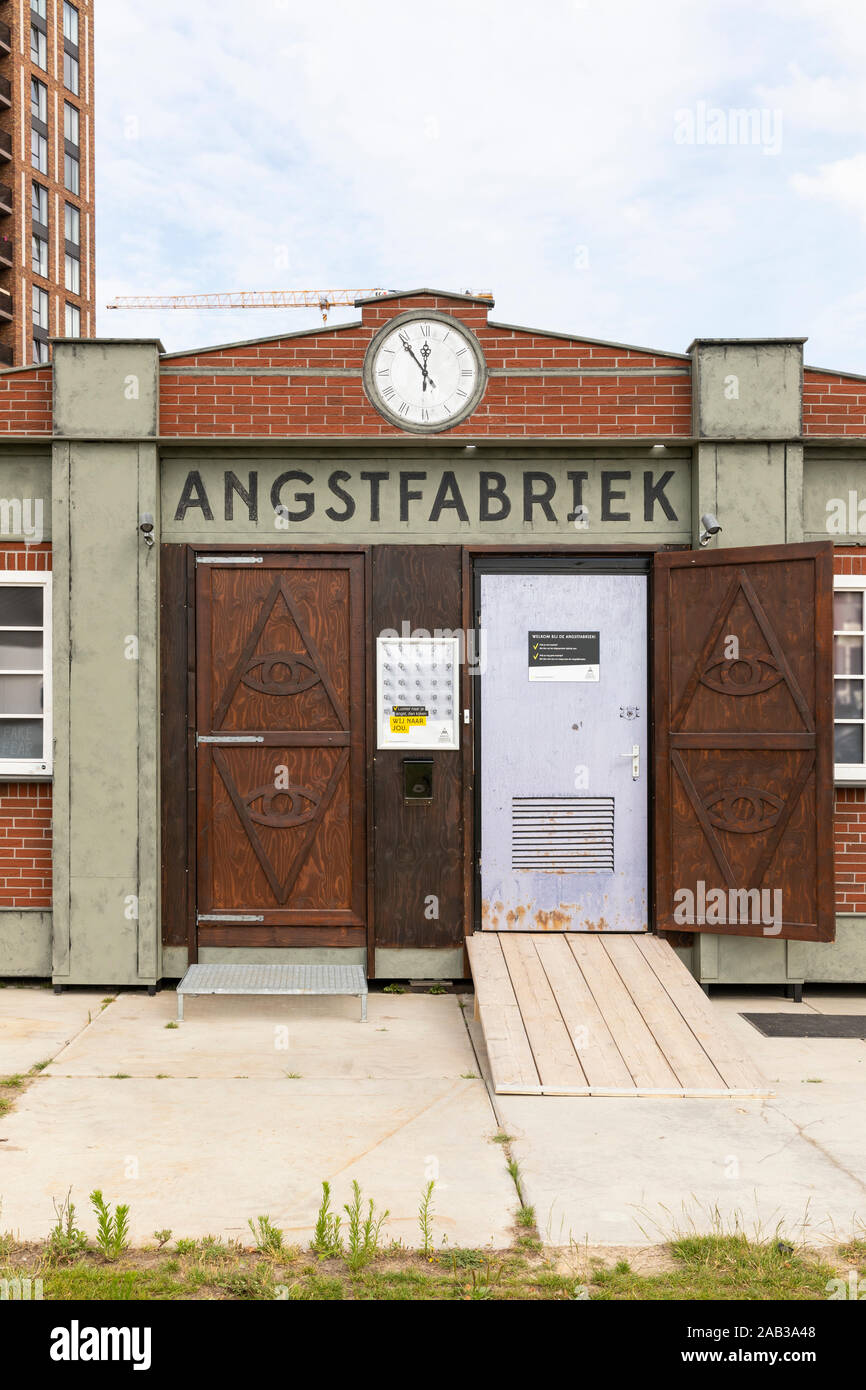Eindhoven, July 19th 2019. The front door of a moving pop up concept theater show the fear factory, de Angstfabriek located on creative district Strij Stock Photo