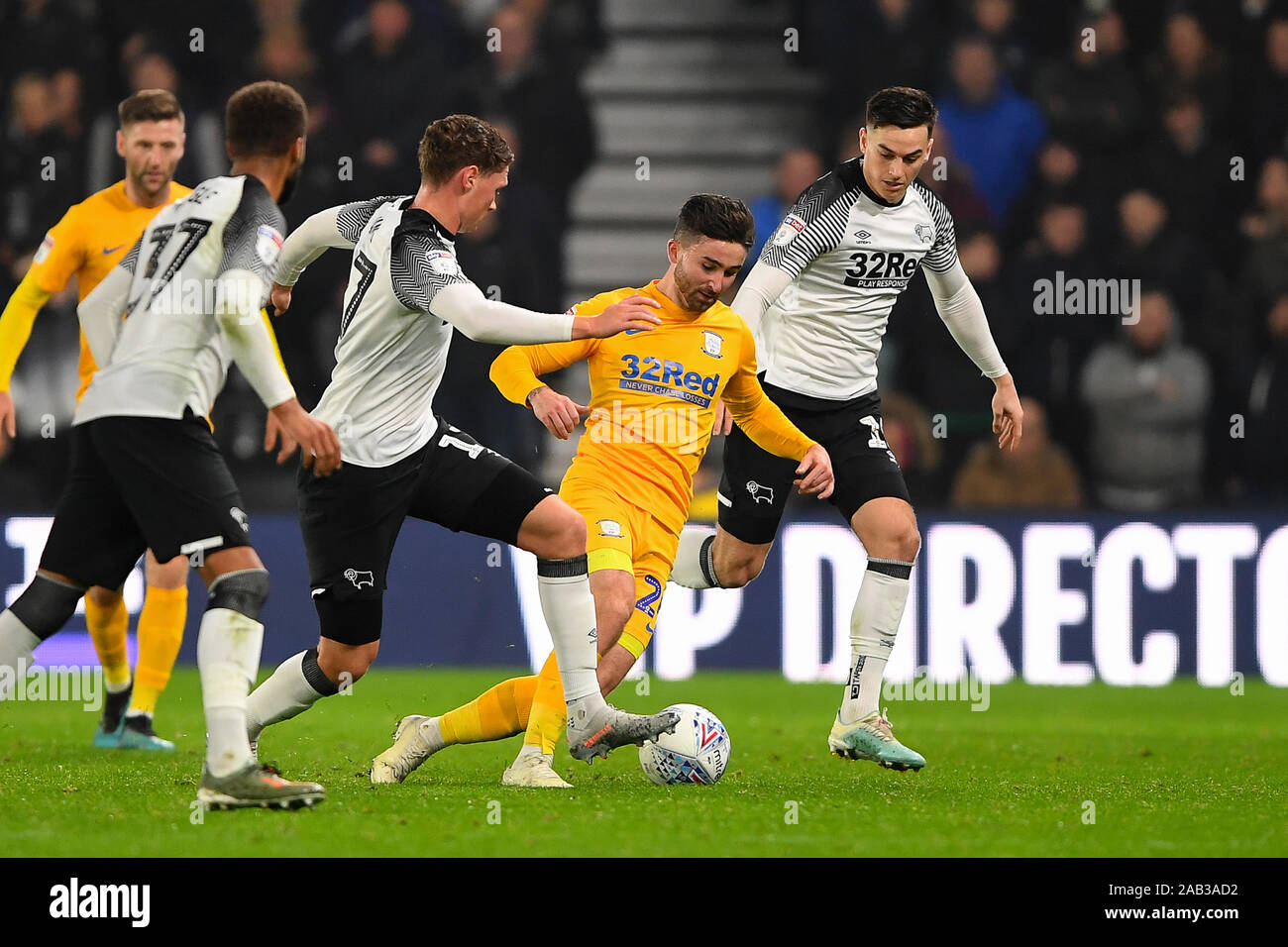 23rd November 2019, Pride Park Stadium, Derby, England; Sky Bet Championship, Derby County v Preston North End : Sean Maguire (24) of Preston North End battles with George Evans (17) of Derby County  Credit: Jon Hobley/News Images Stock Photo