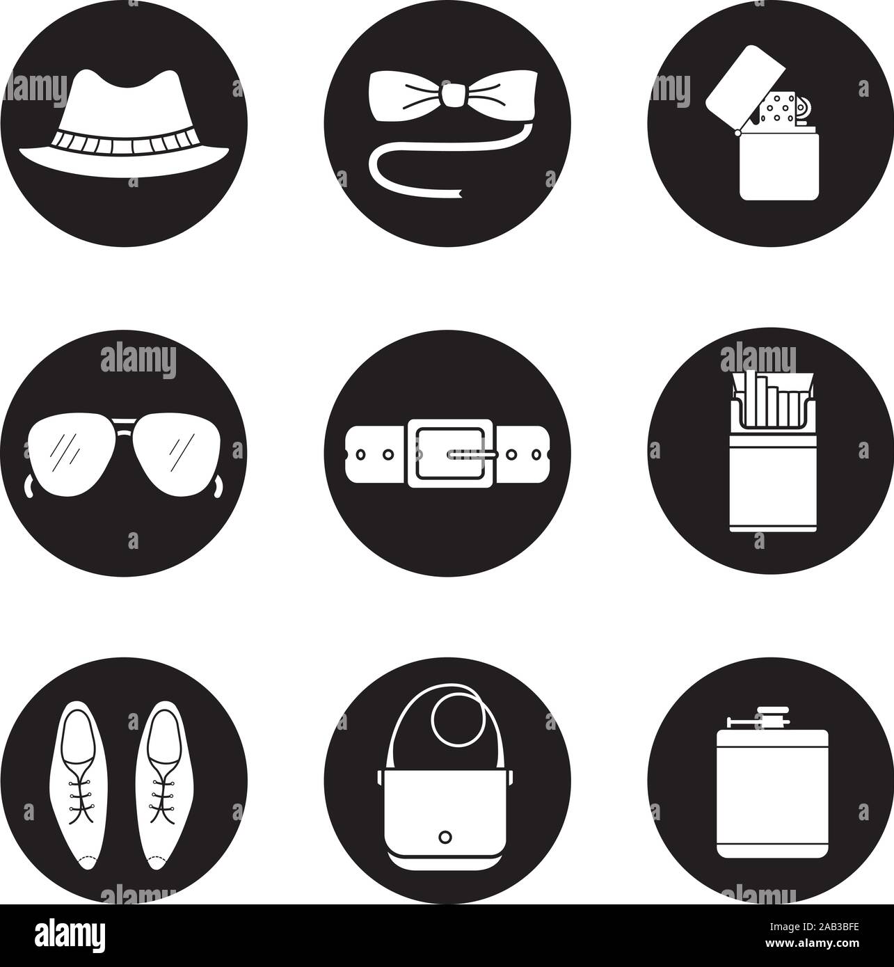 Men's accessories icons set. Butterfly tie, sunglasses, hat, alcohol flask, open cigarette pack, leather belt, bag, classic shoes and flip lighter sym Stock Vector