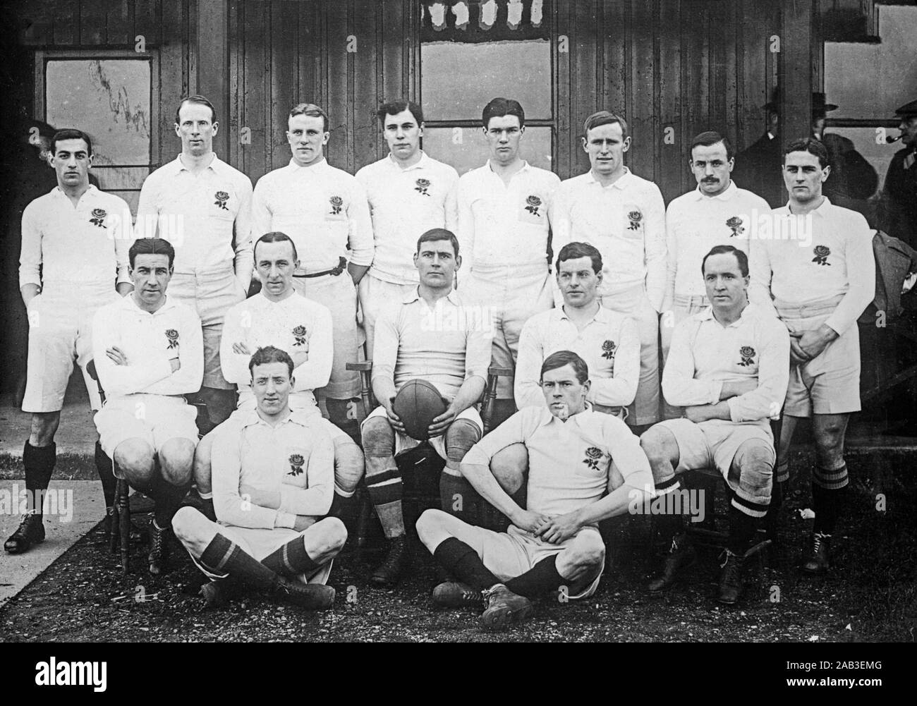 Vintage photograph of the The England Rugby Union Team in 1909 for their game against Ireland. The players were: John Jackett (Leicester), Edgar Mobbs (Northampton), Cyril Wright (Cambridge University), Ronnie Poulton-Palmer (Oxford University), AC Palmer (London H.), F Hutchinson (Headingley) HJH Sibree (Harlequins), HJS Morton (Cambridge University), Robert Dibble (Bridgwater & Albion) capt., WA Johns (Gloucester), AL Kewney (Leicester), AJ Wilson (Camborne School of Mines), FG Handford (Manchester), H Archer (Guy's Hospital), ET Ibbitson (Headingley). England won the game 11-5. Stock Photo