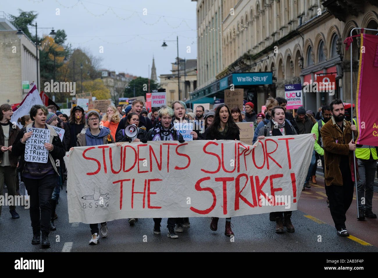 Bristol, UK, 25th November 2019. University lecturers have commenced a series of strikes protesting changes to their Pension Scheme. The University and College Union (UCU) lecturer strike was supported by students and other local groups. A group gathered outside the Victoria Rooms, and after speeches and protests the rally passed peacefully down Park Street and dispersed on College Green. Credit: Mr Standfast/Alamy Live News Stock Photo