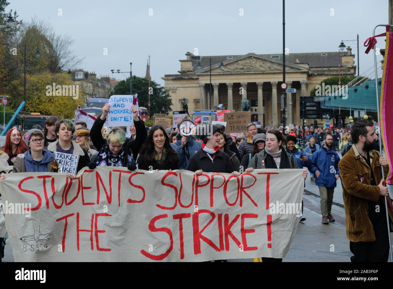 Bristol, UK, 25th November 2019. University lecturers have commenced a series of strikes protesting changes to their Pension Scheme. The University and College Union (UCU) lecturer strike was supported by students and other local groups. A group gathered outside the Victoria Rooms, and after speeches and protests the rally passed peacefully down Park Street and dispersed on College Green. Credit: Mr Standfast/Alamy Live News Stock Photo