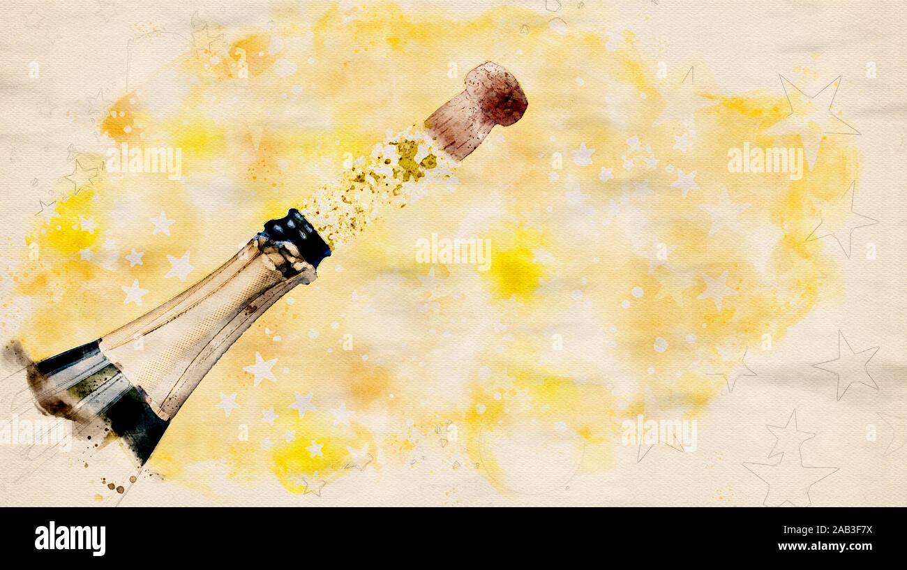 Download Watercololor Painting Of Cork Popping Out From Bottle Of Champagne Joyful Yellow Bokeh Background With Copy Space New Year Evening Concept With Copy Stock Photo Alamy Yellowimages Mockups