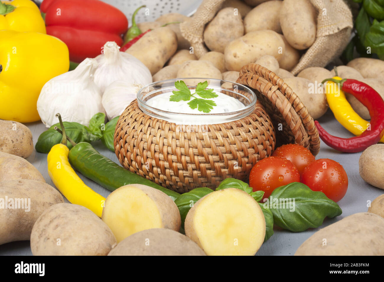 Kartoffeln mit Quark und Gemuese |Potatoes with cottage cheese and vegetables| Stock Photo