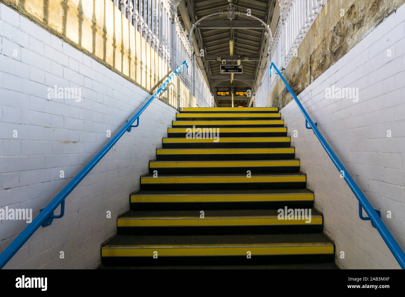 Stairs leading up to railway platform at Shortlands station in South London, Stock Photo