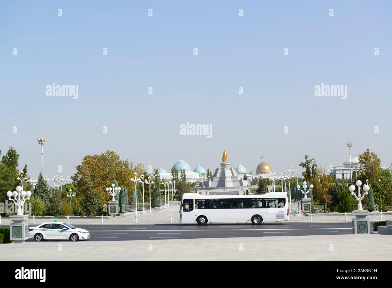 Ashgabat, capital of Turkmenistan. City of white buildings and white cars Stock Photo