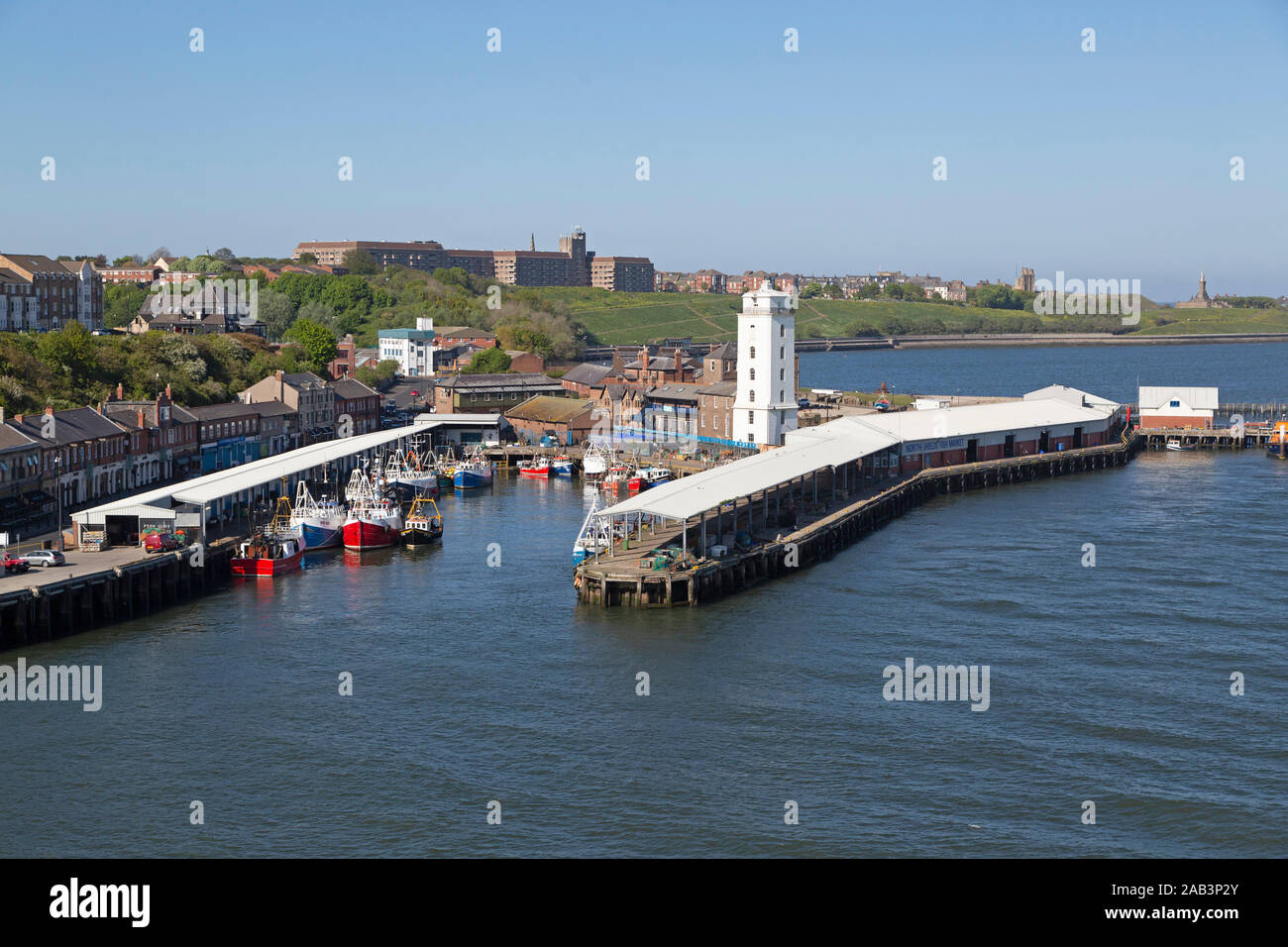 Fishing boats docked at North Shields, England. They boats deliver their catch to North Shields Fish Market. Stock Photo