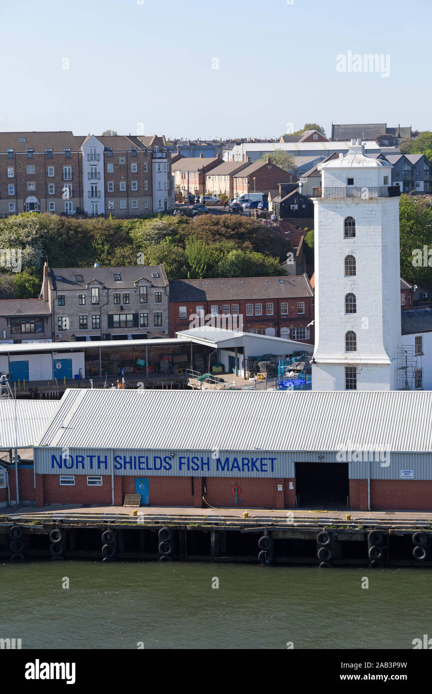North Shields Fish Market at North Shields, England. The Low Light tower stands next to the fish market. Stock Photo
