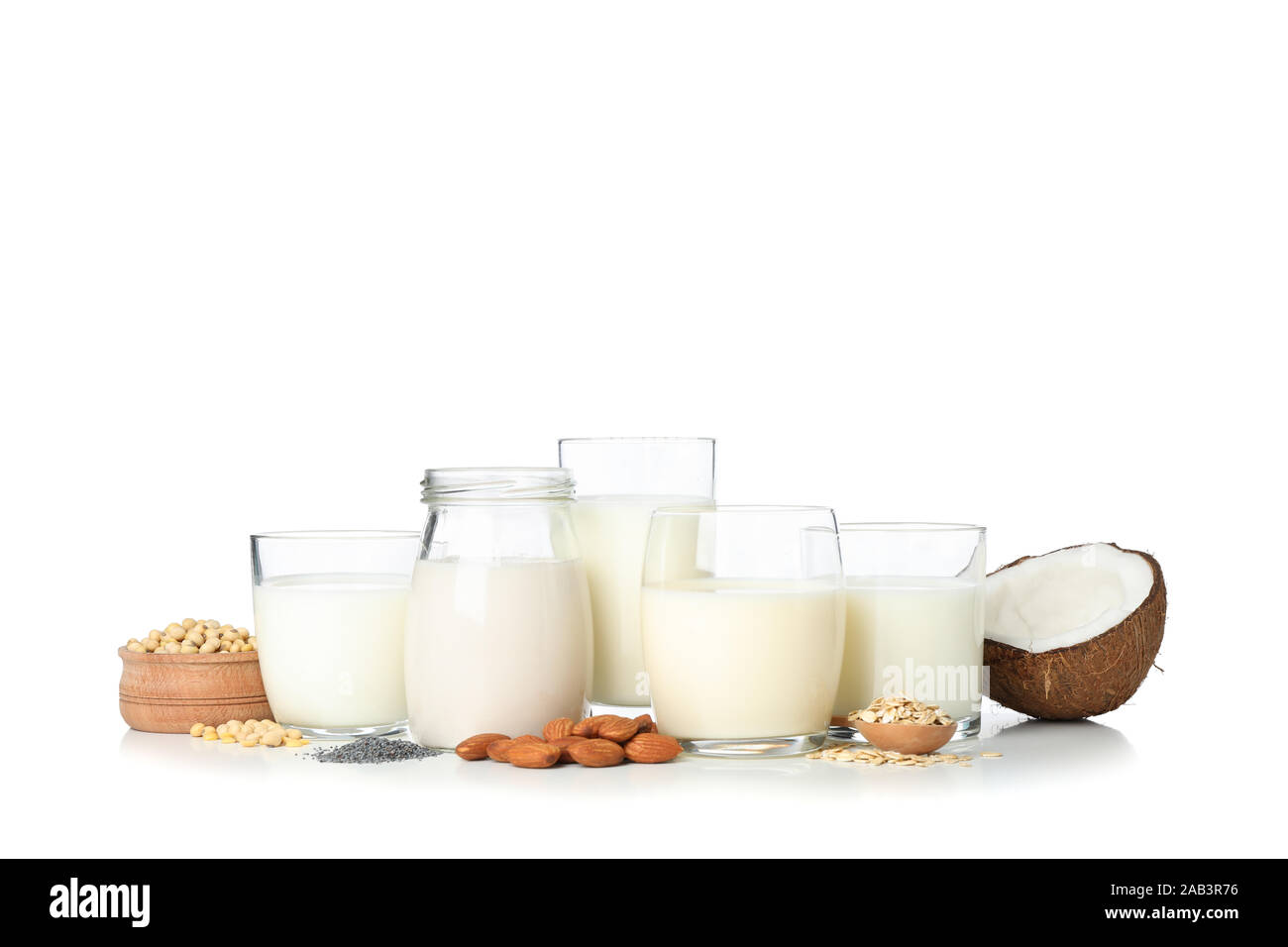 Glasses with different types milk isolated on white background Stock Photo