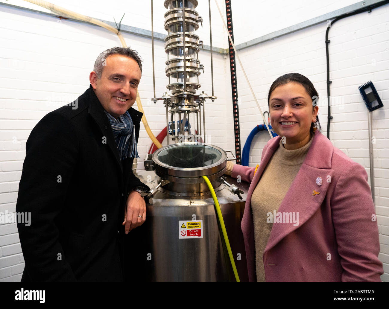 Leith, Scotland, UK. 25th November 2019. Scottish Liberal Democrat campaign chair Alex Cole-Hamilton and Rebecca Bell Liberal parliamentary candidate for Dunfermline and West Fife visited Port of Leith Distillery and outlined the party’s plans to target new ground such as Edinburgh North and Leith, as well as recapturing the party’s traditional Scottish heartlands in the snap general election. Iain Masterton/Alamy Live News. Stock Photo