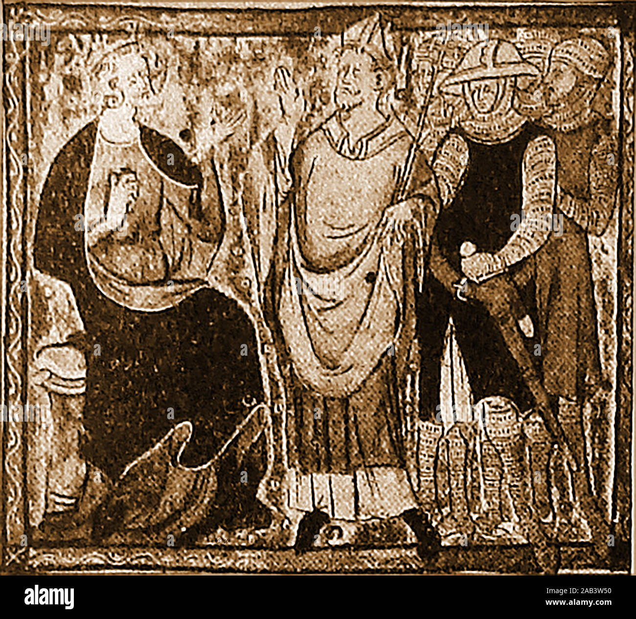 An ancient  illustration  said to document  an argument  between King Henry II and Thomas Becket ( also known as Saint Thomas of Canterbury, Thomas of London and Thomas à Becket  -1119-1170). They were in regular dispute over the rights and privileges of the Church resulting eventually in his murder by the king's men in Canterbury Cathedral. Stock Photo