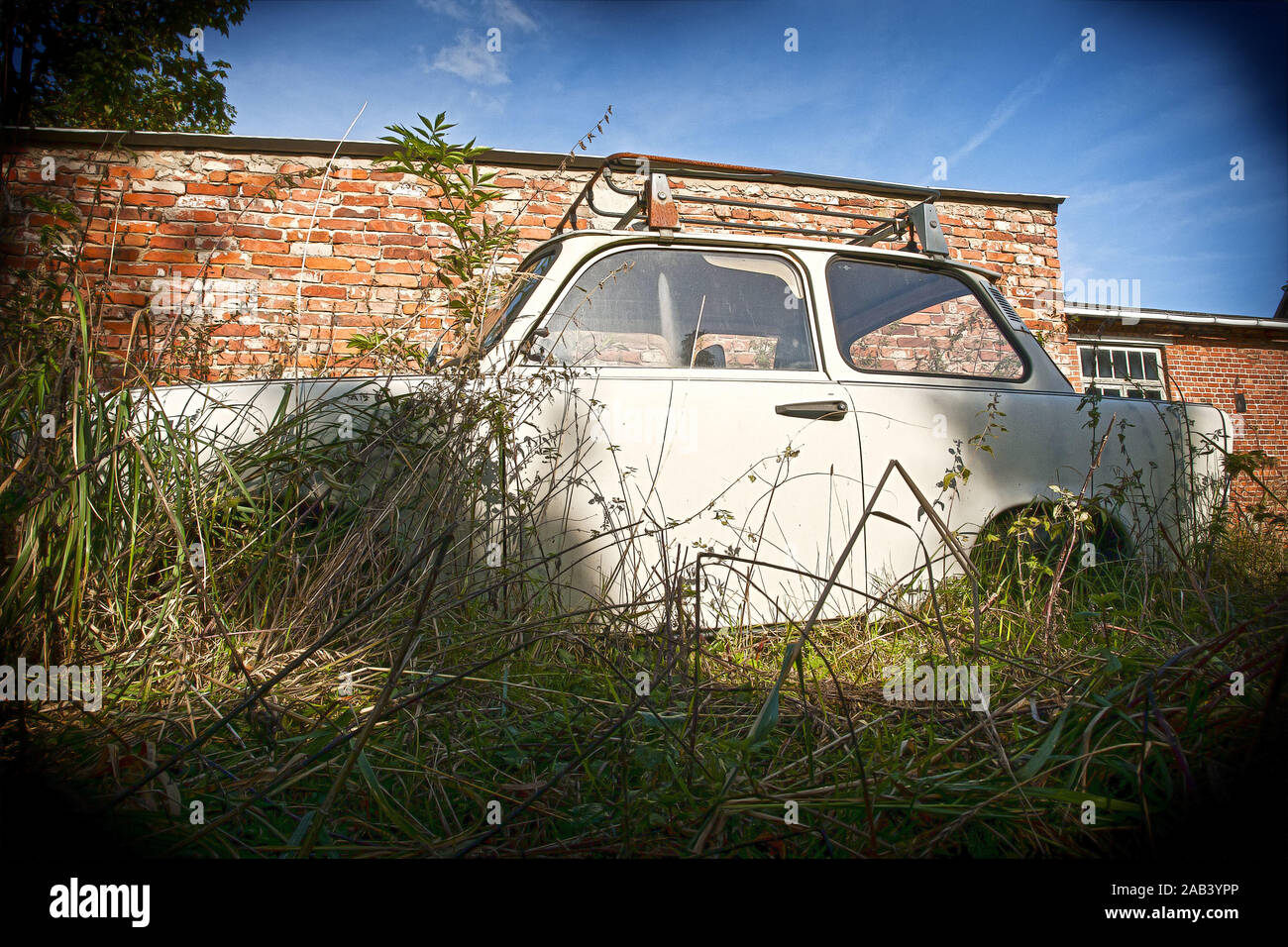Alter Trabant ohne R‰der in einem Garten |Old Trabant without wheels in a garden| Stock Photo