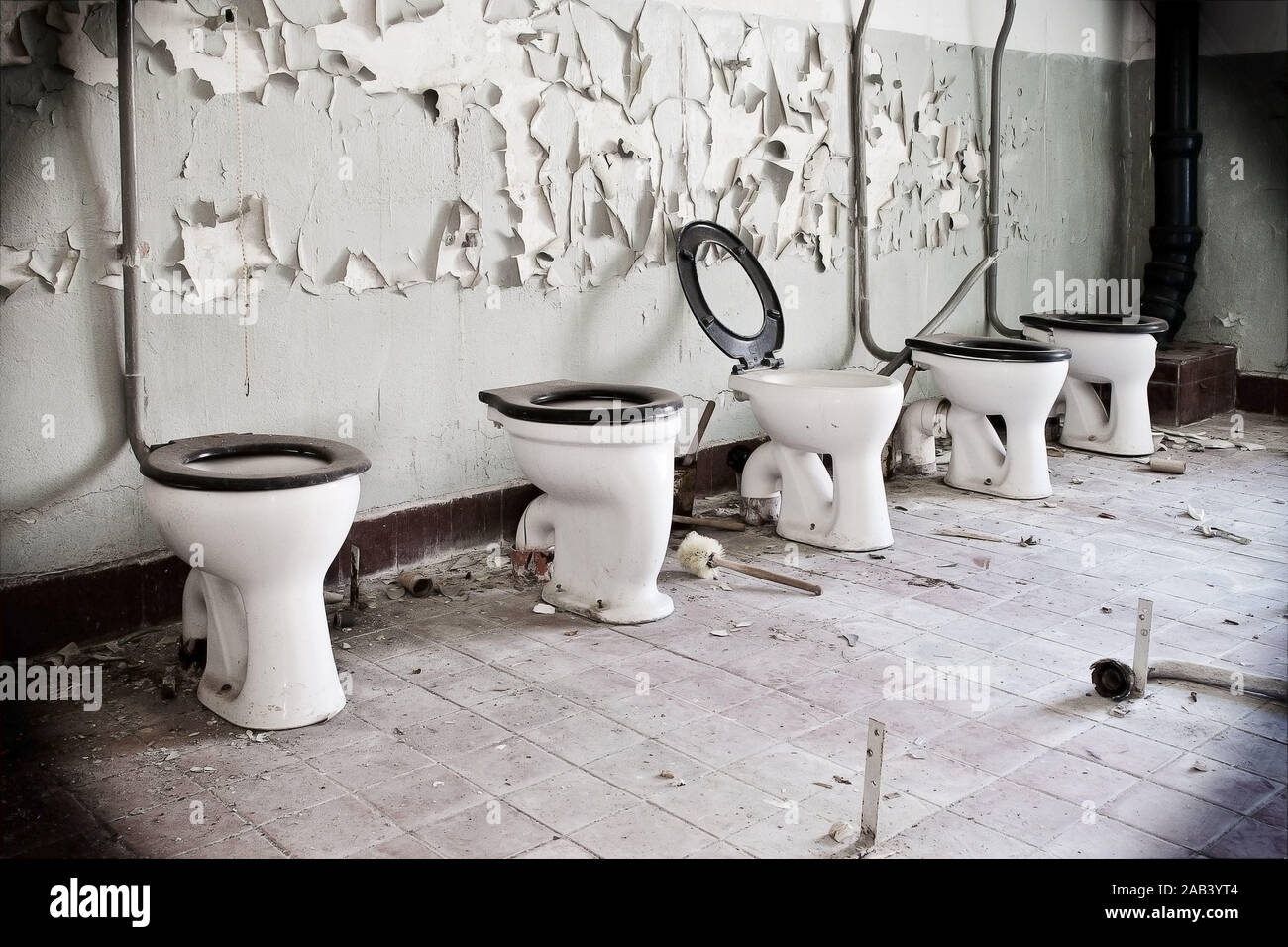Alte Toilettenbecken in einer Reihe |Old toilet bowl in a row| Stock Photo