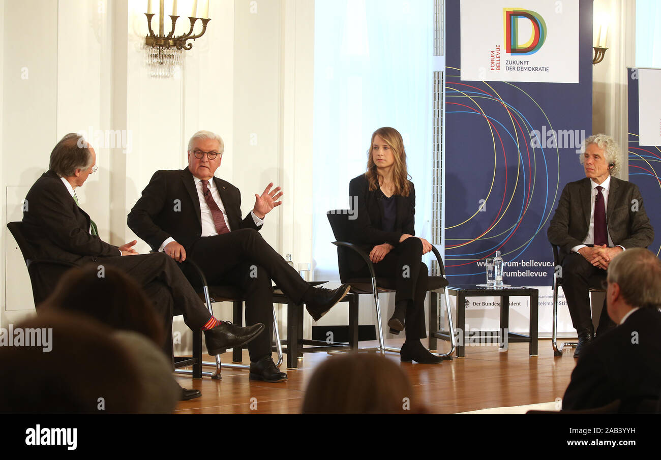 Berlin, Germany. 25th Nov, 2019. Ian McEwan (l-r), British writer, Federal President Frank-Walter Steinmeier, Maren Urner, psychologist, and Steven Pinker, psychologist at Harvard University, take part in the discussion 'What future? On Democracy and Progress' as part of the continuation of the series 'Forum Bellevue on the Future of Democracy'. Credit: Wolfgang Kumm/dpa/Alamy Live News Stock Photo