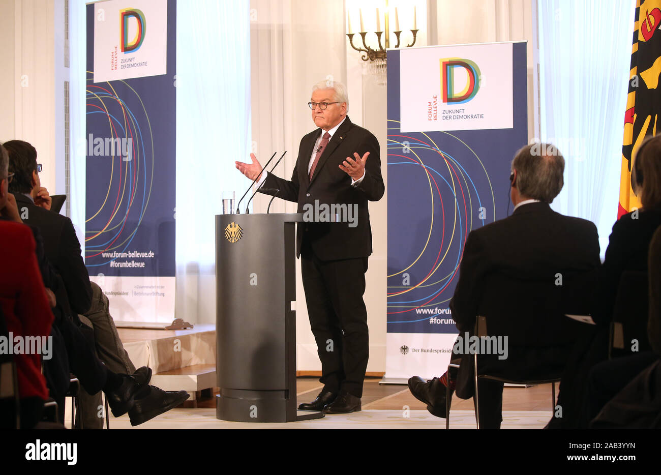 Berlin, Germany. 25th Nov, 2019. Federal President Frank-Walter Steinmeier will speak at the beginning of the continuation of the series of talks 'Forum Bellevue on the Future of Democracy'. At the discussion event on 'What future? On democracy and progress' will be attended by the Federal President, the British writer Ian McEwan and the psychologists Steven Pinker and Maren Urner, among others. Credit: Wolfgang Kumm/dpa/Alamy Live News Stock Photo