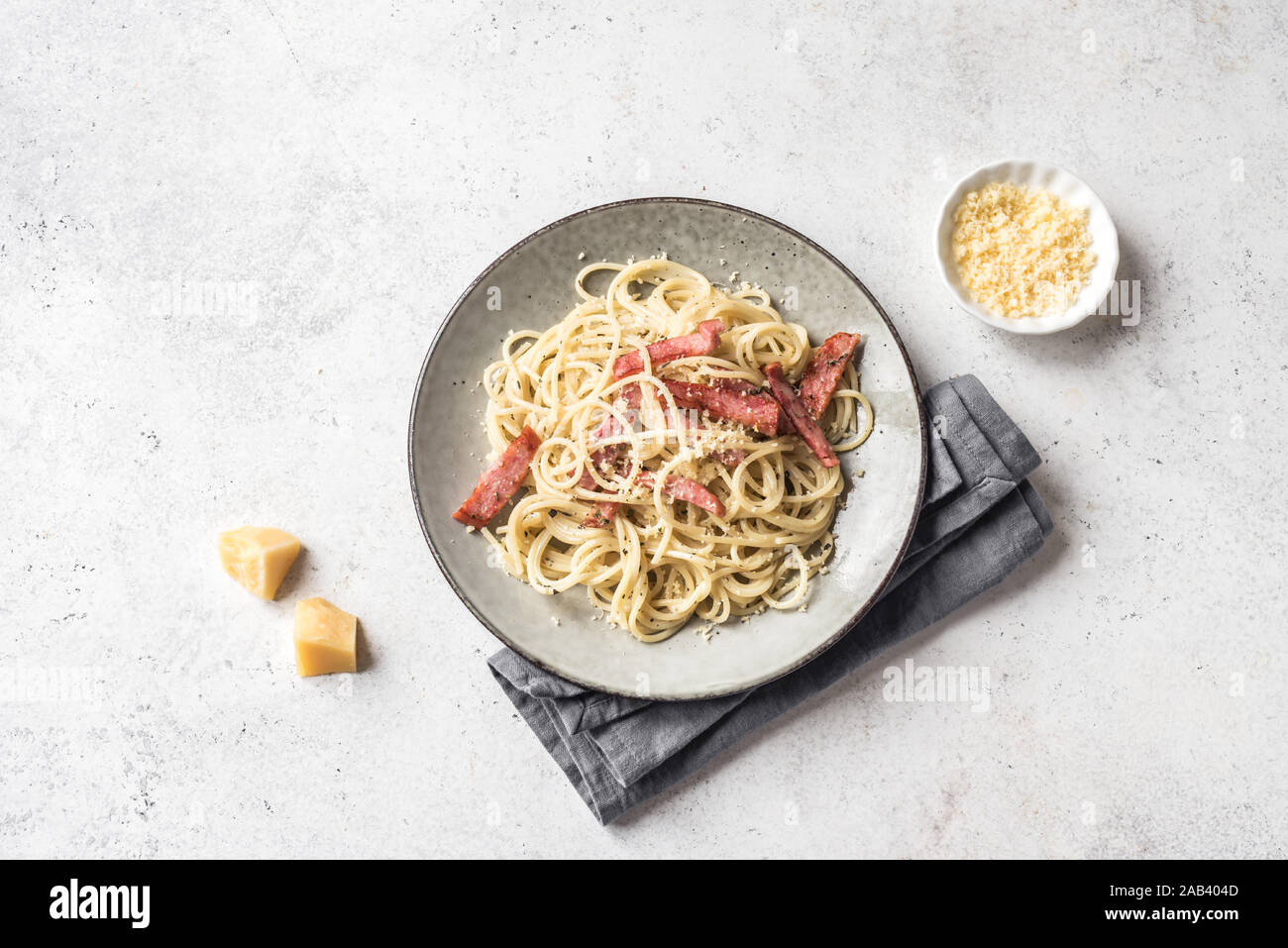Spaghetti Carbonara Pasta With Bacon Egg Hard Parmesan Cheese And Cream Sauce Traditional Italian Pasta Alla Carbonara On White Top View Copy Sp Stock Photo Alamy