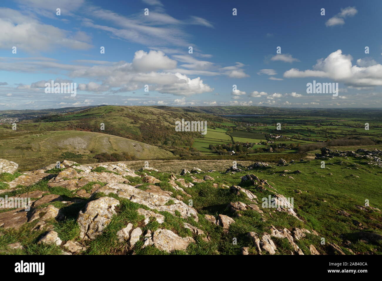 View from Crook Peak looking towards Wavering Down, Cheddar and Axbridge, Somerset, England. Stock Photo