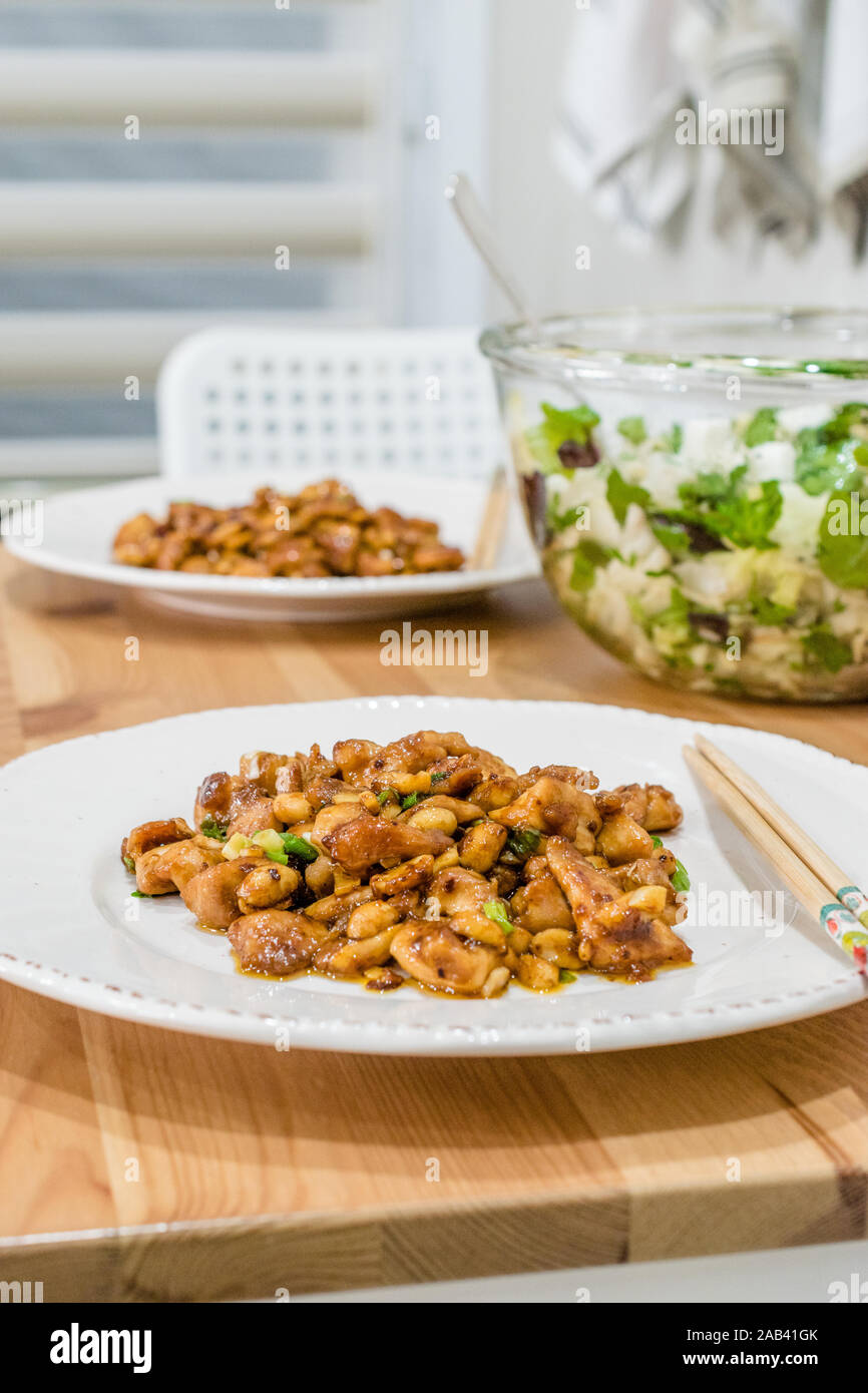 Homemade Kung Pao Chicken with Peanuts, Peppers, Soy Sauce, Green