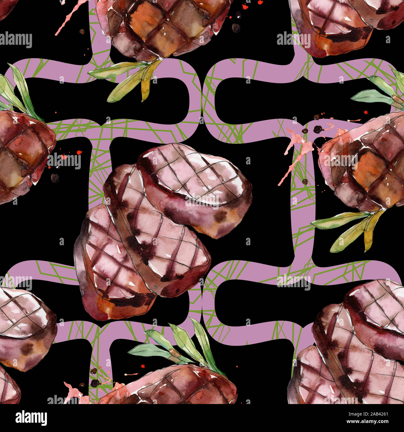 Grilled steak tasty food. Watercolor background illustration set ...