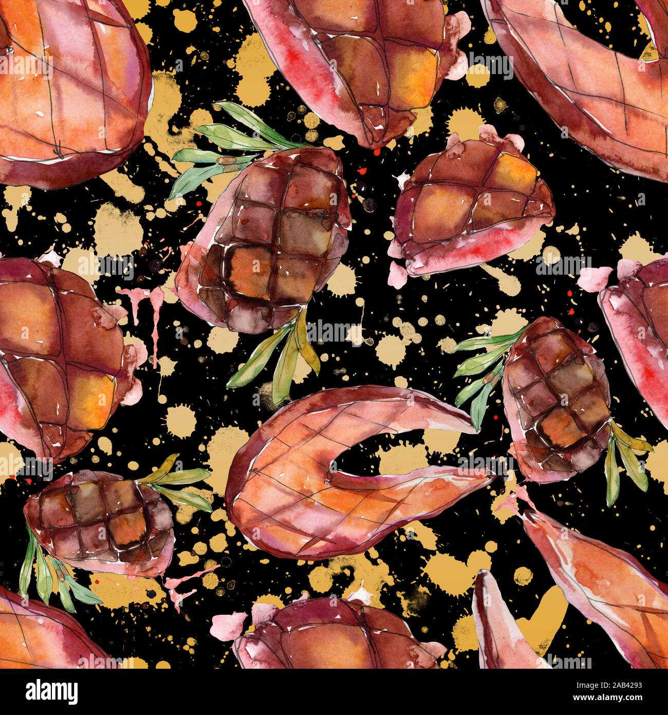 Grilled steak tasty food. Watercolor background illustration set ...