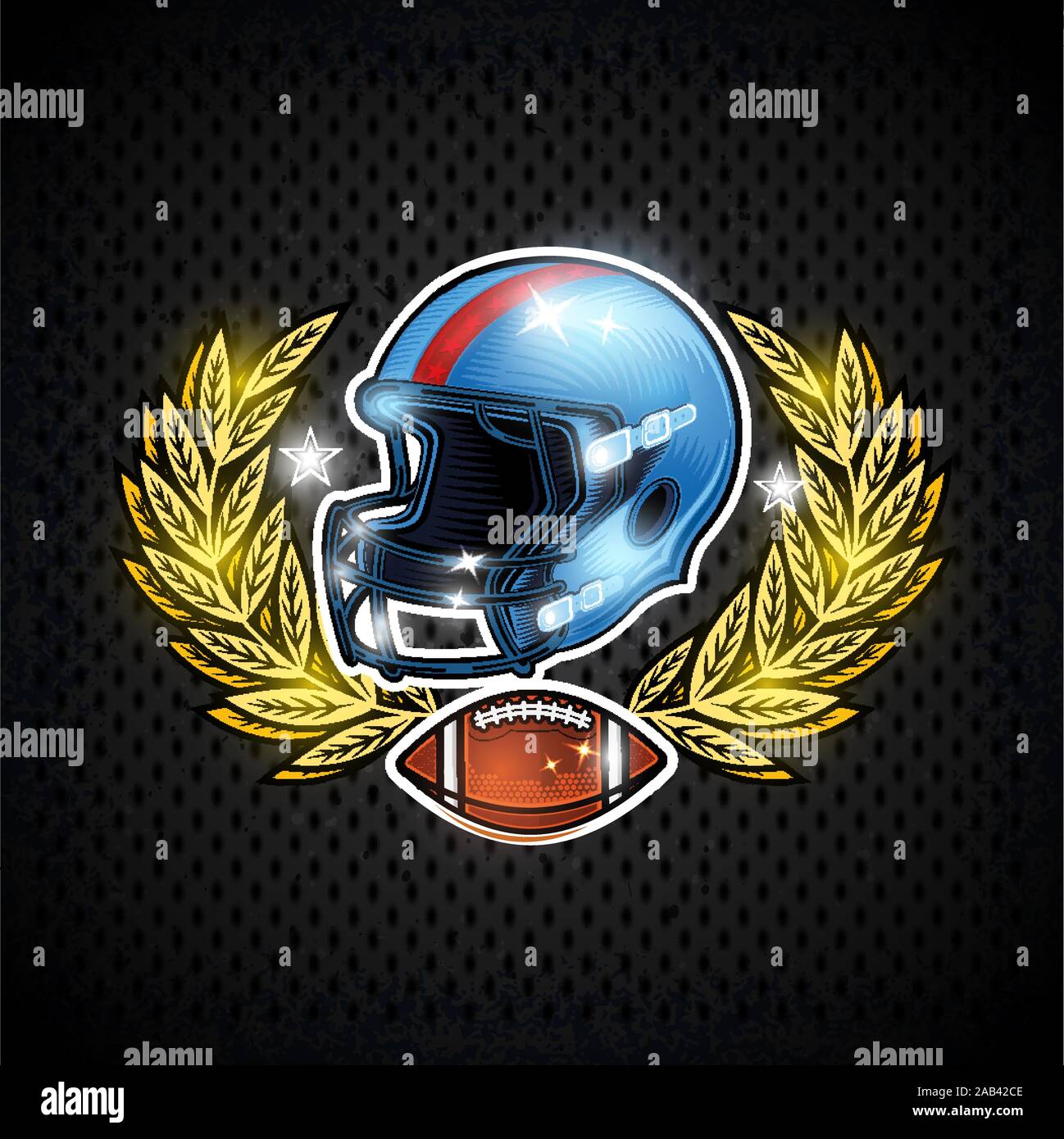 Blue american football helmets with ball in center of golden laurel wreath. Sport logo for any team or competition Stock Vector