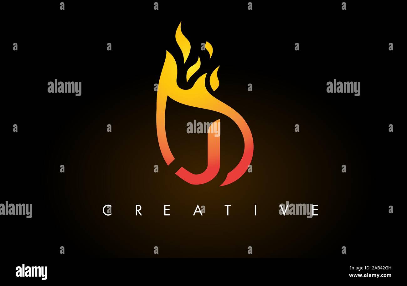 Flame J Letter Logo Design Icon with Orange Yellow Colors and Flames ...