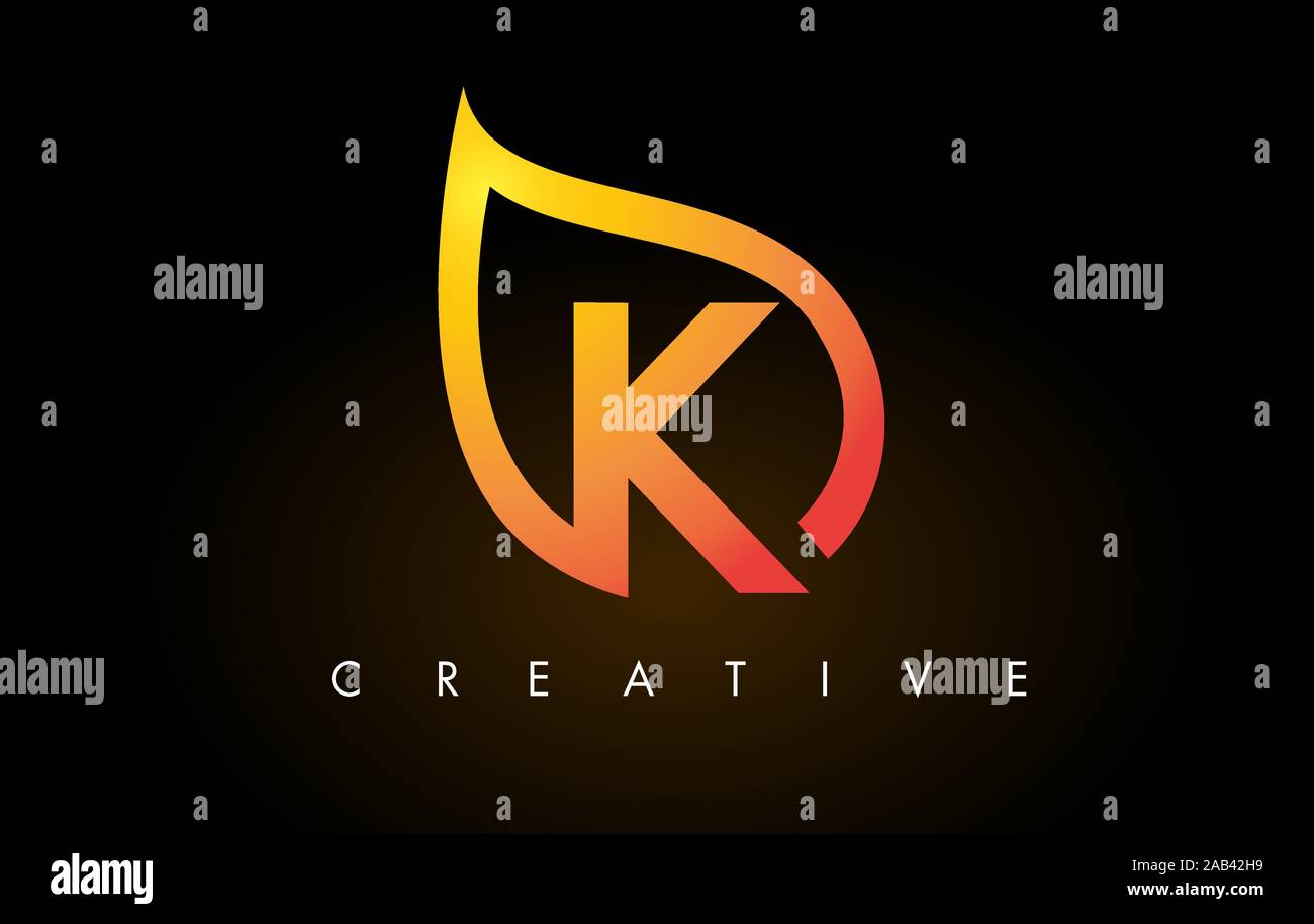 K Leaf Logo Letter Design with Golden Leaf Outline Vector Illustration ...