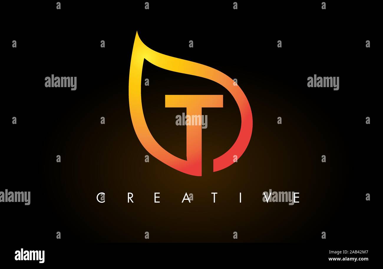 T Leaf Logo Letter Design with Golden Leaf Outline Vector Illustration ...