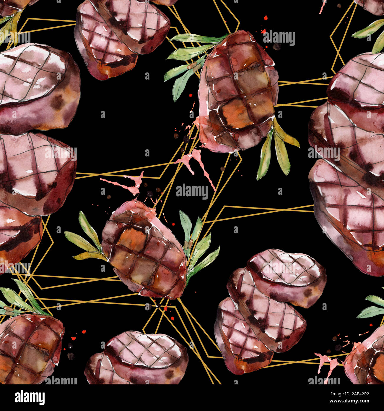 Grilled steak tasty food. Watercolor background illustration set ...
