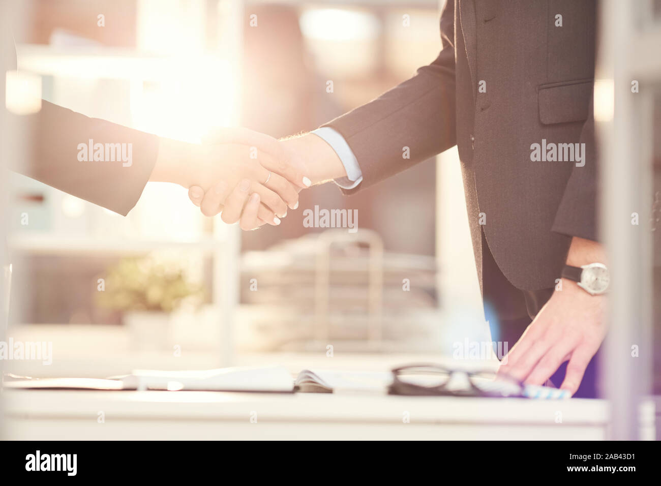 Closeup of unrecognizable businessmen shaking hands during business meeting in office, copy space Stock Photo